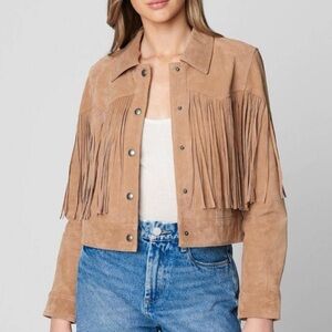 Blank NYC almond butter, fringe leather jacket